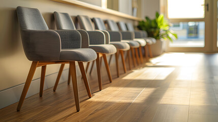 A waiting room with a few chairs and a magazine rack