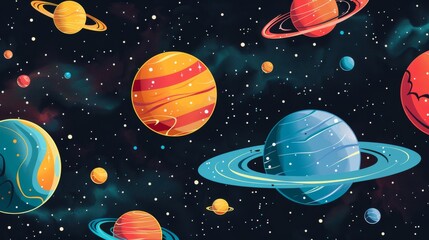 Colorful planets and stars in deep space create a mesmerizing cosmic landscape