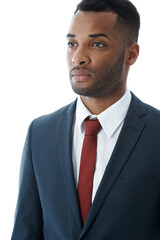 Thinking, business lawyer and black man with consultant in studio on white background. Professional attorney, planning and confident employee, legal advocate or African advisor in law firm for career
