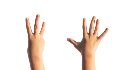 Kids childs hand counting three and five with little small fingers isolated. Gestures for quantity, white background., transparent PNG
