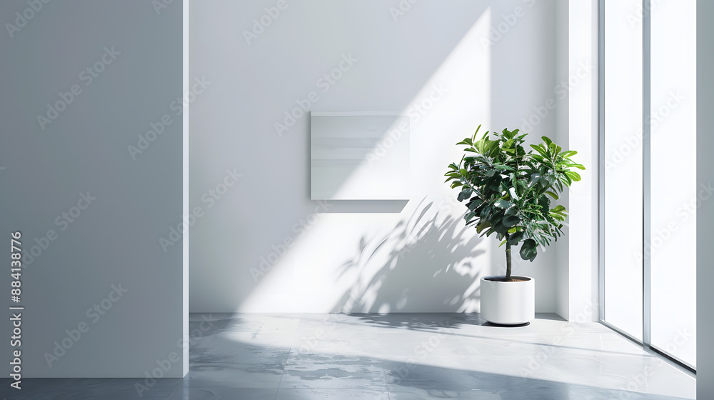 Wall mural A potted plant sits in a white room with a window