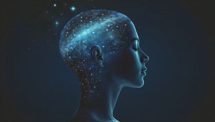 Obraz premium Conceptual depiction of a person absorbed in himself, reflecting with his thoughts on the origin of life in the universe, the meaning of its existence and the past and future