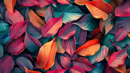 An artistic arrangement of colorful leaves blending vibrant orange and teal hues, capturing the essence of nature and offering a visually stimulating yet harmonious composition.