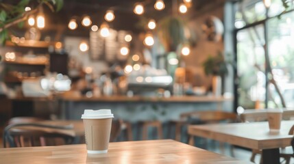 A modern coffee shop scene featuring a takeaway coffee cup placed on an empty wooden table, capturing the minimalist and calming ambiance often found in urban café settings.