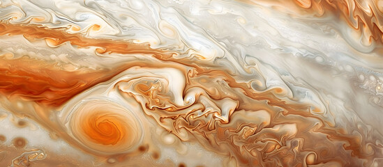 Abstract marble texture resembling Jupiter's surface with swirling patterns in orange, white, and beige. Ideal for backgrounds, wallpapers, and artistic designs.