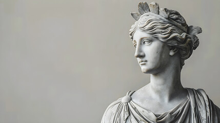 Greek female statue on pastel gray background, minimal art poster, elegant marble sculpture with copy space, ideal for art decor or cultural themes.