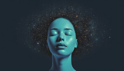 Conceptual depiction of a person absorbed in himself, reflecting with his thoughts on the origin of life in the universe, the meaning of its existence and the past and future