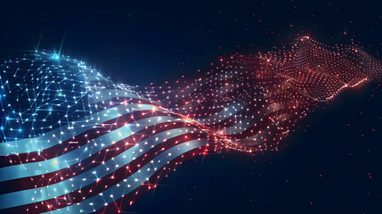 Digital representation of USA flag with network nodes, ideal for 4th of July or Memorial Day designs, featuring empty space for text.