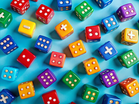 Vibrant colorful dice scattered on a bright blue background, featuring mathematical symbols, invitingly arranged to evoke a fun and engaging math learning adventure.