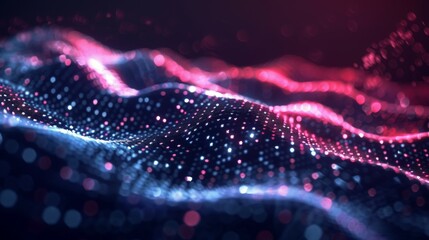A visually striking collection of undulating light waves in shades of red and blue, interspersed with glowing digital dots in a futuristic abstract presentation.