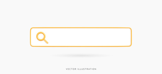 3D Yellow search bar. Online navigation. Web browser search. Element for user interface. Find information. Support FAQ. Seo tool. Cartoon creative design icon. 3D Vector illustration