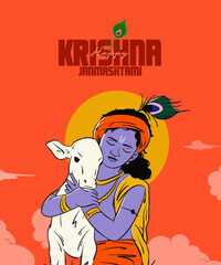 Shree Krishna vector illustration, sketch, vector, Drawing with 'Happy Krishna Janmashtami' Typography layout for social media banner template design 