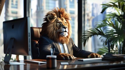 Lion King Dressed As a Businessman Works At a Desk On a Computer. in a modern office. in a modern office. CEO. Humorous depiction of a boss pet.