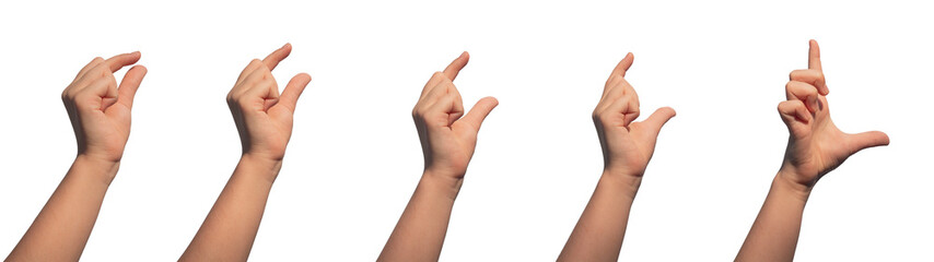 Kids hand gestures showing size from big to small. Pinch, catch, hold, isolated on white. Arm grabbing, comparing, seizing, set.