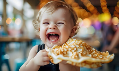 Cute baby with blond hair with a crepe on Mardi Gras, holding a mouth-watering pancake, laughing with delight, little greedy boy or girl with open mouth, smiling, thrilled and eager to taste the snack