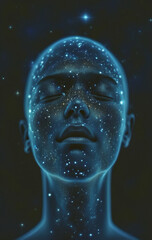Conceptual depiction of a person absorbed in himself, reflecting with his thoughts on the origin of life in the universe, the meaning of its existence and the past and future