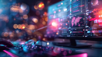 Vibrant virtual event scene with interactive avatars, digital screens, glowing lights, capturing the essence of connectivity