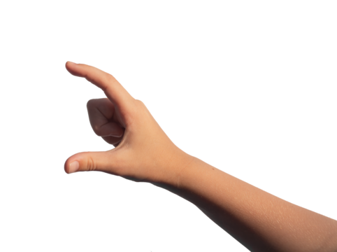 Kids hand holding something big invisible, space between two fingers, isolated on white background.