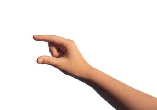 Kids hand holding something invisible, empty space between two fingers, isolated on white background.