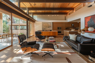 Fototapeta premium Mid-century modern interior, living space, livingroom