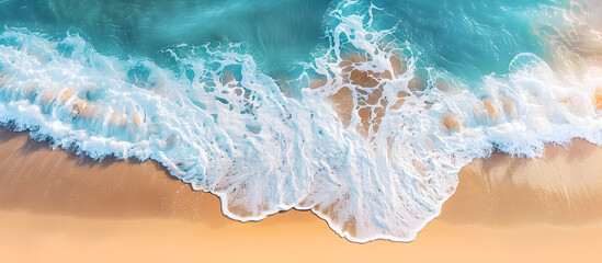 Fototapeta premium an aerial view of a sandy beach with light blue water waves and sunlight a summer vacation background with a relaxation theme and room for text