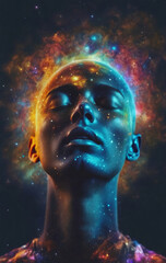 Conceptual depiction of a person absorbed in himself, reflecting with his thoughts on the origin of life in the universe, the meaning of its existence and the past and future