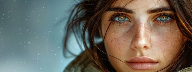  A tight shot of a woman's freckled face with blue eyes