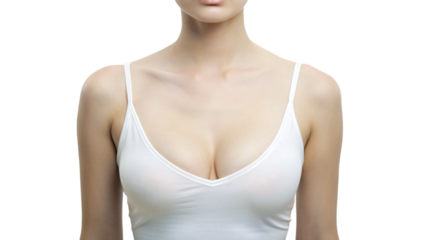 A woman posing in white lingerie in a studio, big breast