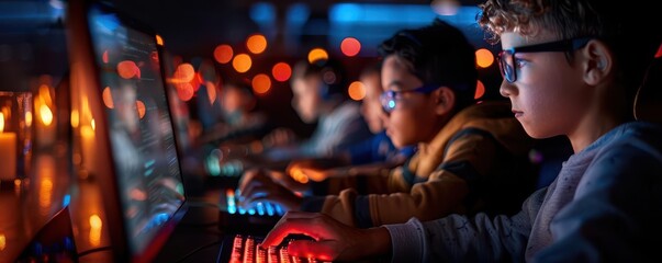 Fototapeta premium Youth coding bootcamp, diverse group learning software development, technology education empowerment
