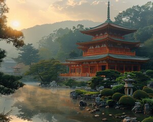 Create a high-quality photograph of a serene temple scene at dawn, with the first rays of sunlight illuminating the temple grounds.