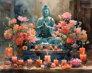 Fototapeta premium Create a watercolor painting of a beautifully decorated Buddha altar with candles, flowers, and offerings on a Buddhist holy day.