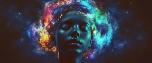 Fototapeta premium Conceptual depiction of a person absorbed in himself, reflecting with his thoughts on the origin of life in the universe, the meaning of its existence and the past and future