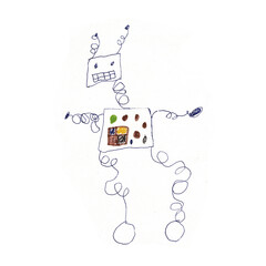 Childs robot drawing with square head, round eyes, mouth, black body, screen, and spring-like arms and legs on paper. Whimsical for childs room or robotics project.
