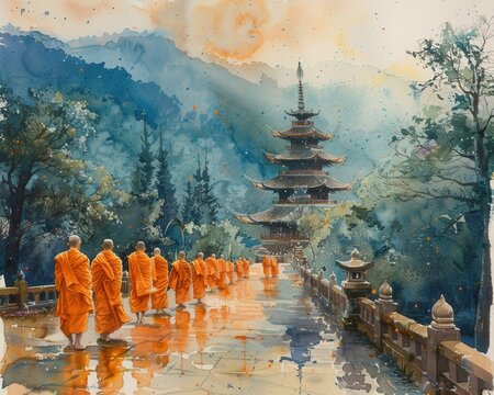 Create a watercolor painting of monks participating in the Thot Kathin ceremony, with devotees presenting new robes at the end of the rainy season retreat.