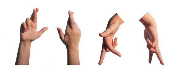 Kids hands, crossed fingers, walking sign, gesture, isolated on white background.