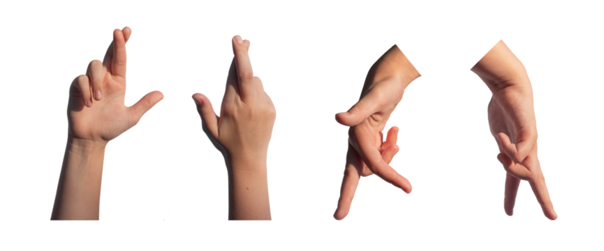 Kids hands, crossed fingers, walking sign, gesture, isolated on white background.
