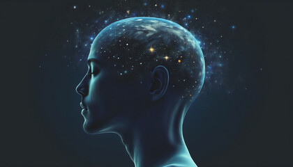 Conceptual depiction of a person absorbed in himself, reflecting with his thoughts on the origin of life in the universe, the meaning of its existence and the past and future
