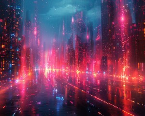 Create a surrealistic painting of a virtual reality city where the buildings are made of neon light trails and digital textures.
