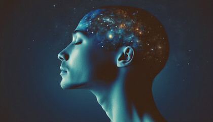 Obraz premium Conceptual depiction of a person absorbed in himself, reflecting with his thoughts on the origin of life in the universe, the meaning of its existence and the past and future
