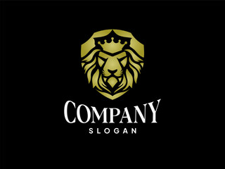Lion head shield logo template . Royal gold crown badge symbol. Premium king animal sign. Vector illustration