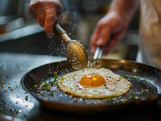 Obraz premium Master Chef Demonstrating Skillful Egg Cooking Techniques in Professional Kitchen