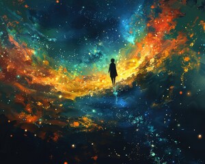 Fototapeta premium Create a surrealistic painting of a person floating in a vast, starry sky, connected to the ground by delicate threads of light, symbolizing dreams tethering to reality.
