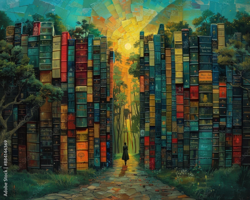 Wall mural create a surrealistic painting of a person walking through a forest where the trees are made of book