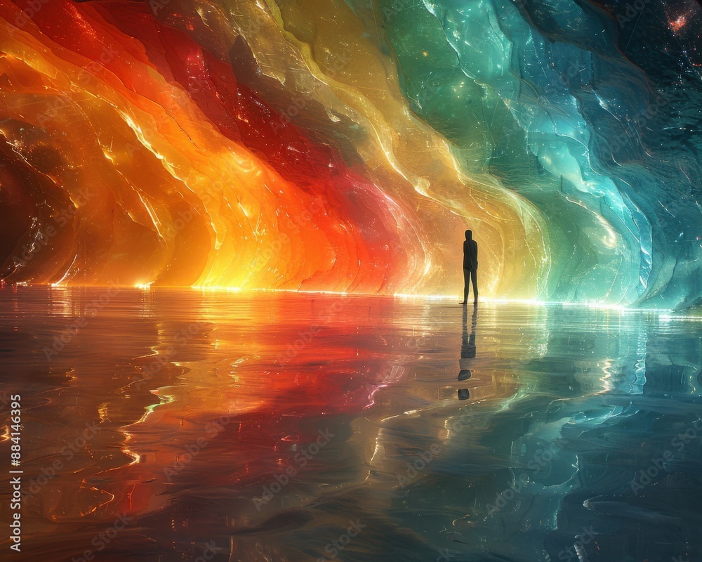 Wall mural create a surrealistic painting of a person standing on a beach, with waves made of colorful light re