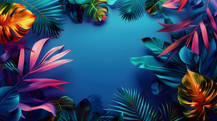 Vibrant tropical leaves in gradient neon colors forming a border with copy space. Ideal for artistic, exotic, and creative design projects.