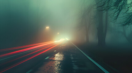Light trails through foggy night on a wet road with glowing headlights and trees, creating an eerie, surreal, and mysterious atmosphere. Copy space.