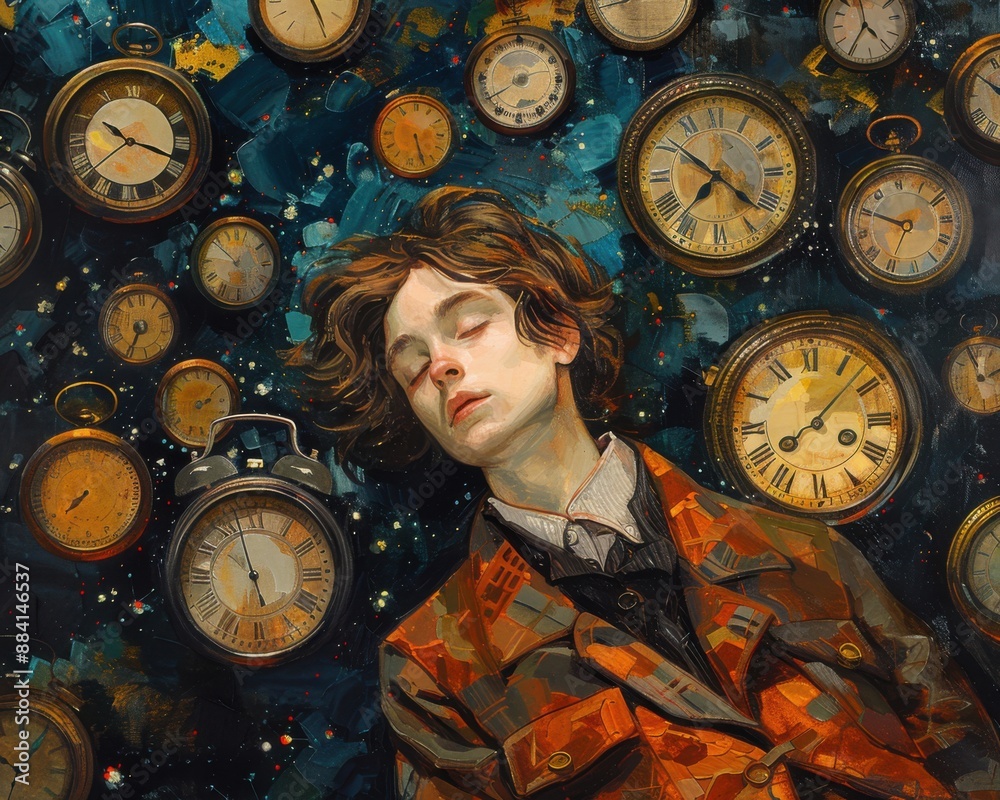 Wall mural create a surrealistic painting of a figure surrounded by clocks, each one showing a different time a