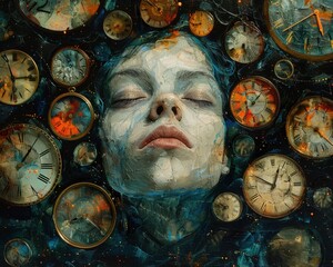 Create a surrealistic painting of a figure surrounded by clocks, each one showing a different time and reality within their dreams.