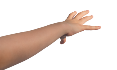 Reaching, catching, stretching to something, POV. Childs hand sign isolated on white background.