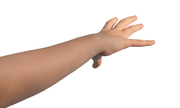 Reaching, catching, stretching to something, POV. Childs hand sign isolated on white background.